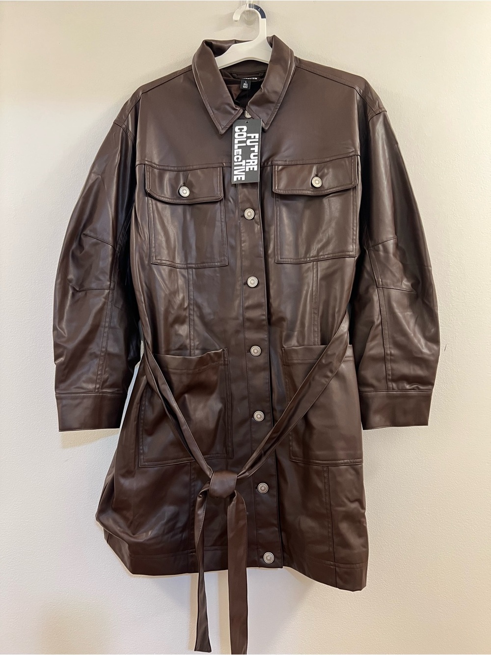 Women's Long Sleeve Faux Leather Mini Shirtdress - Future Collective Brown - Picture 13 of 14